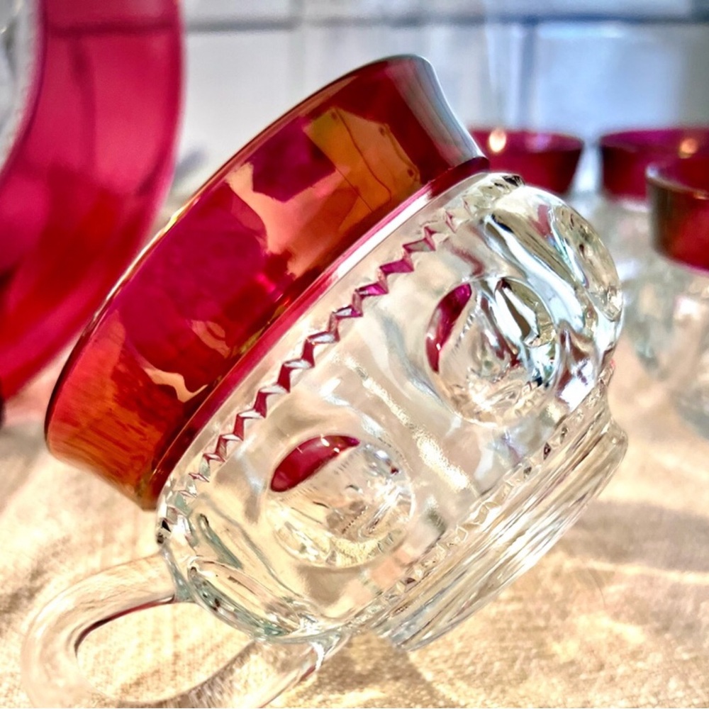 Stunning 1940s Tiffin Franciscan Kings Crown Thumbprint Ruby Red Flashed 8pc Set - Picture 13 of 16